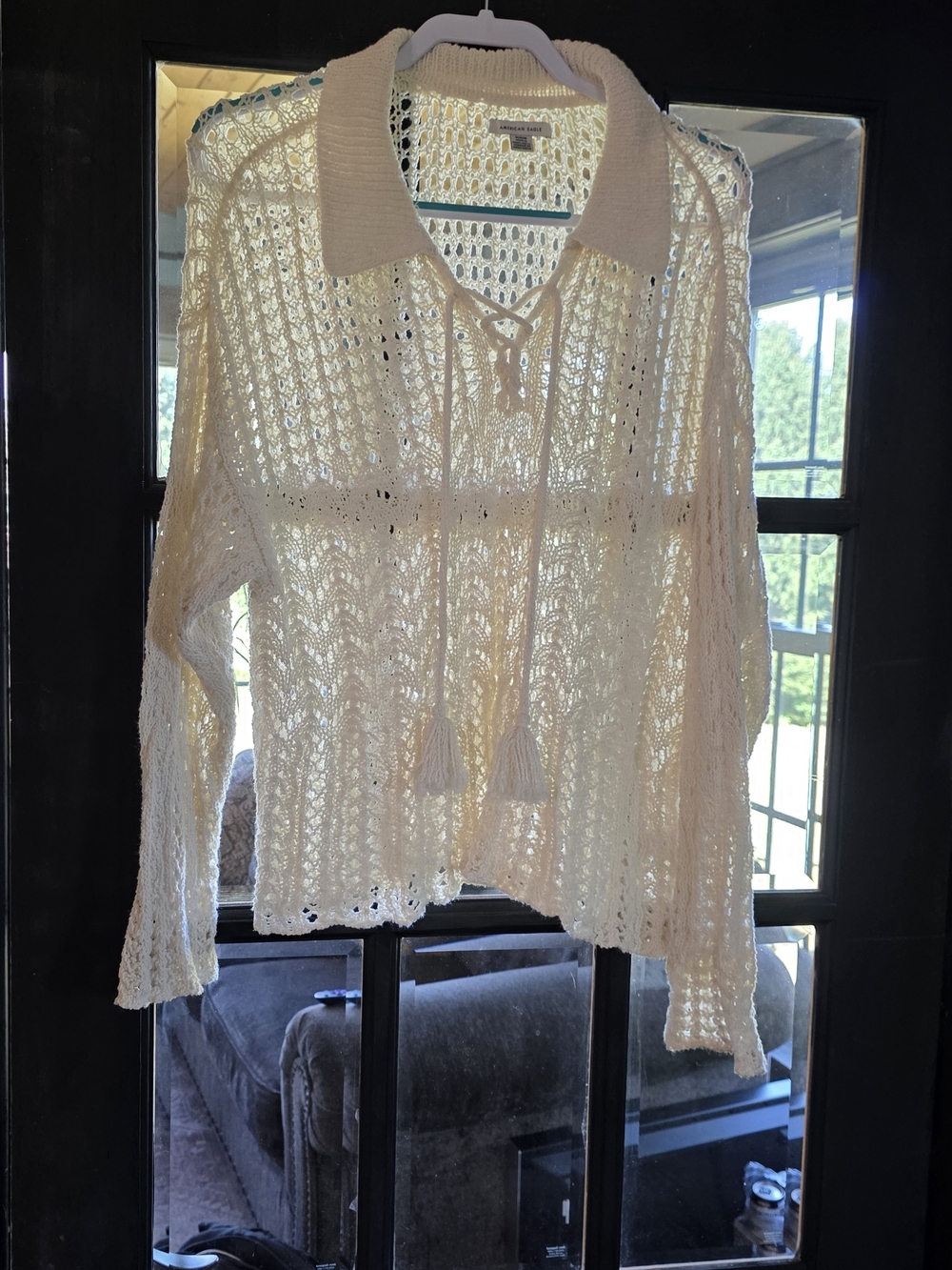 Urban Outfitters Cream Open-Weave Collared Pullover with Tassel Tie